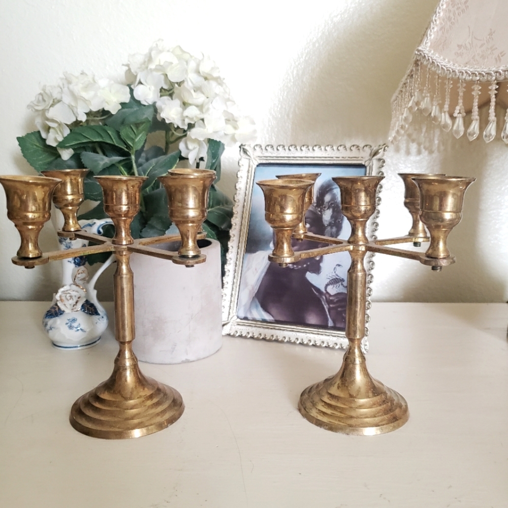 Brass Mid Century Candleabra Set - Picture 2 of 6